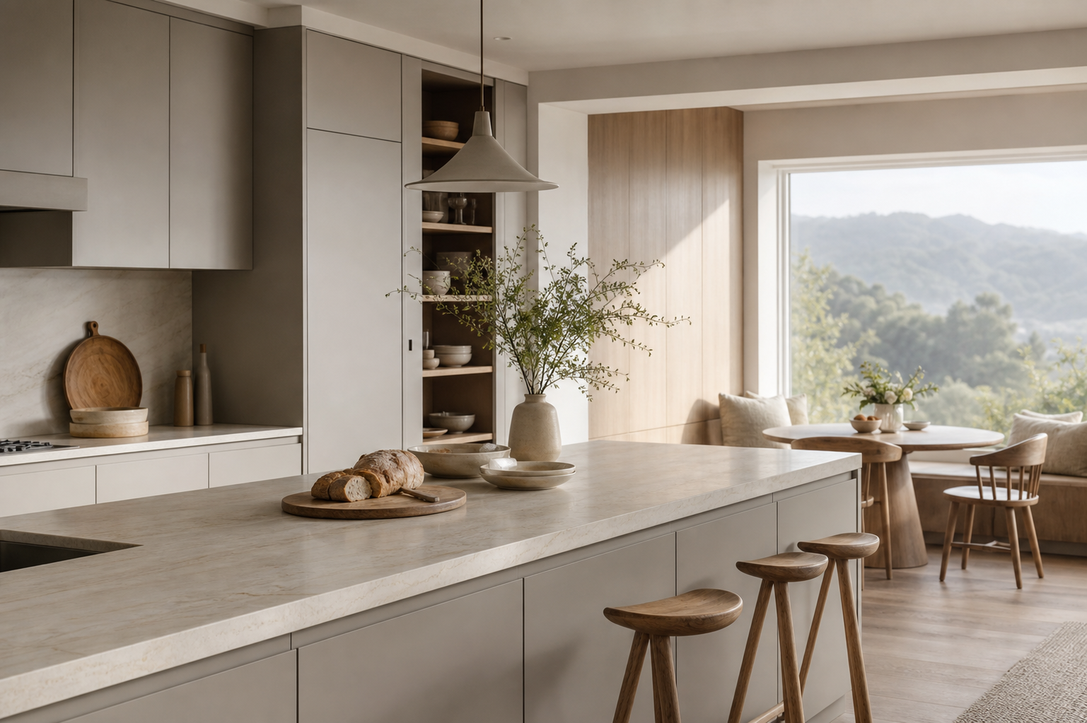 Calm breakfast nook and family kitchen storage setting with oak and pale stone finishes