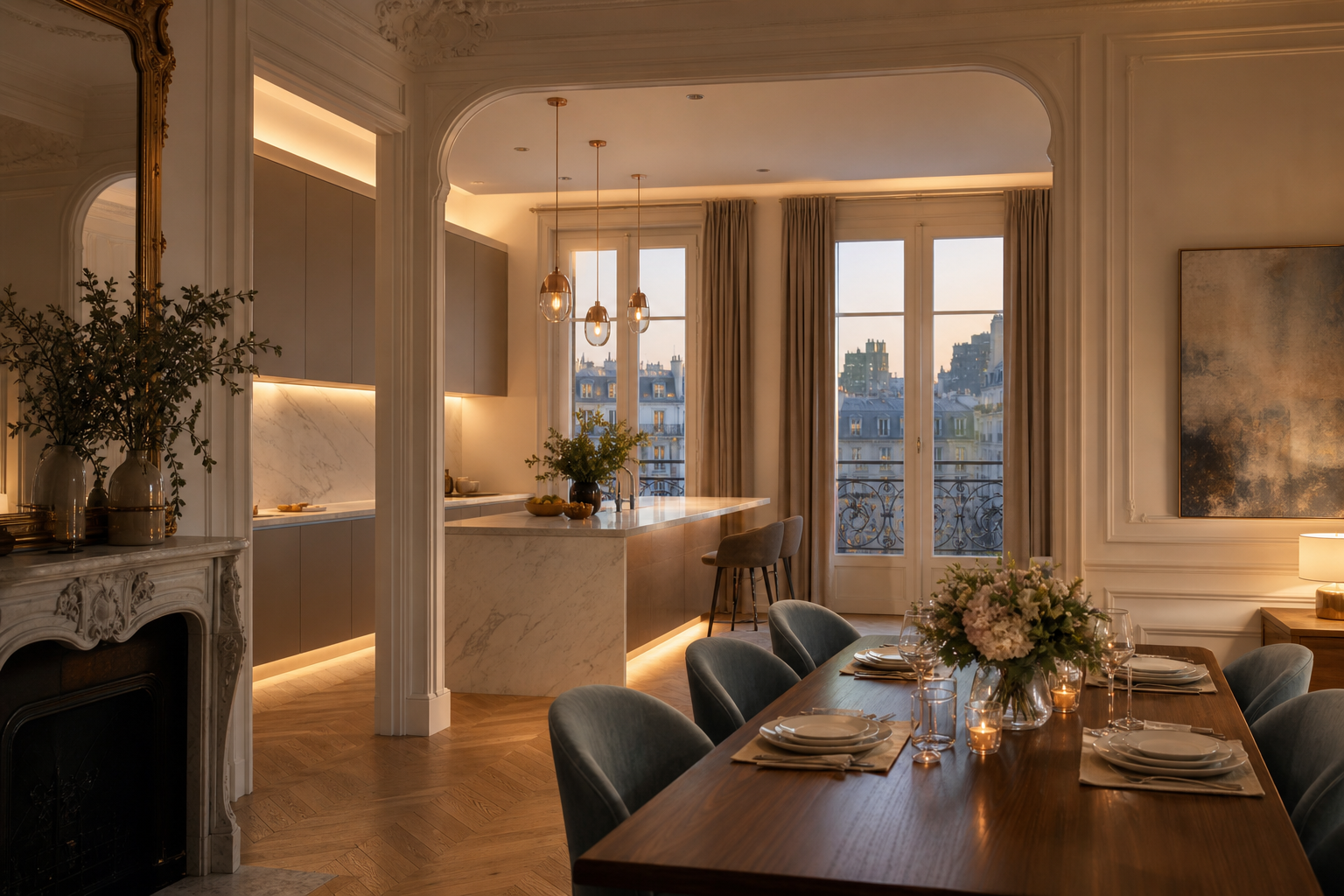Residential kitchen context with cream dining table, warm pendants, and balanced evening lighting atmosphere.