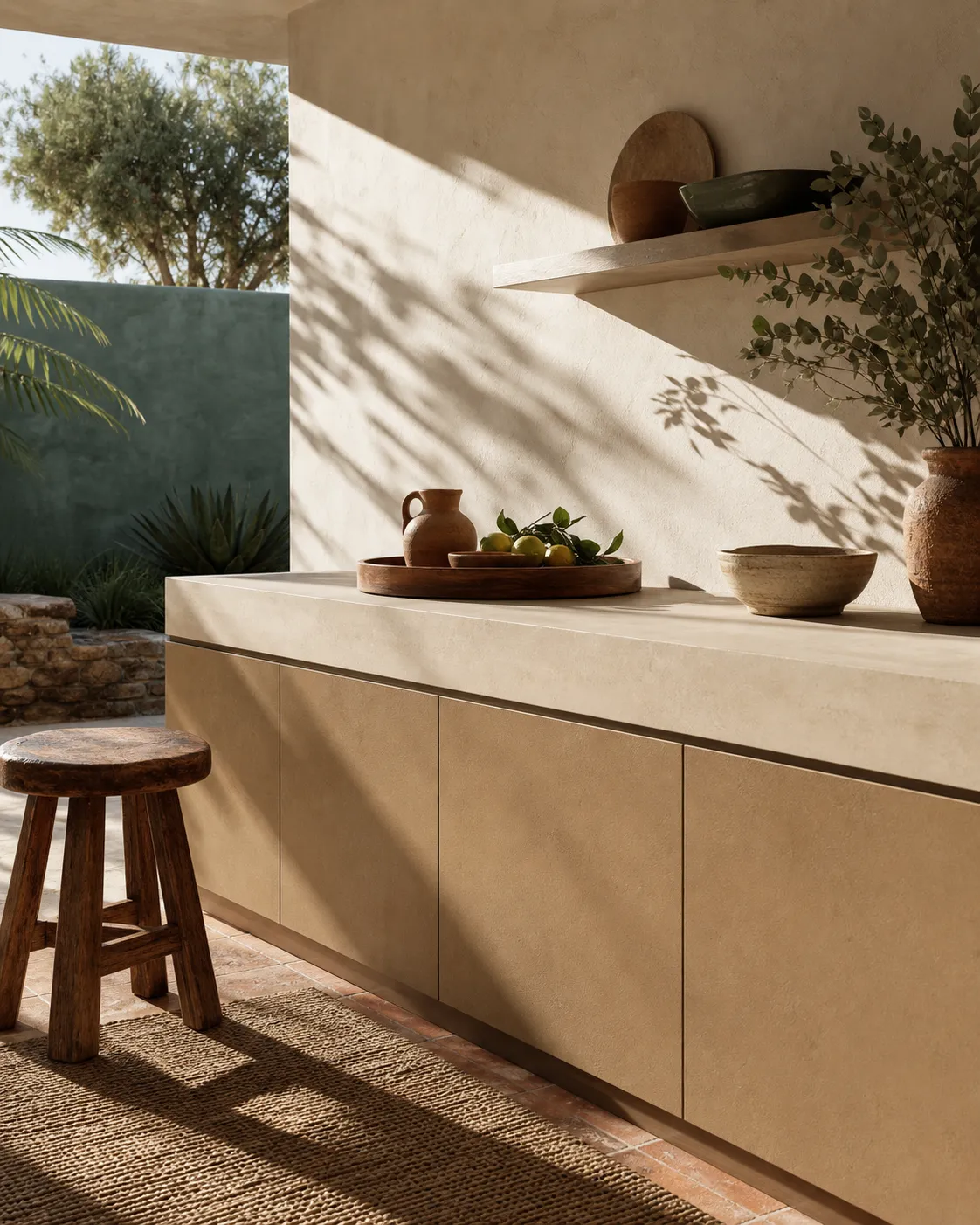Kitchen material study with pale clay counters, adobe cabinetry, jute, and sunlit hardwood context.