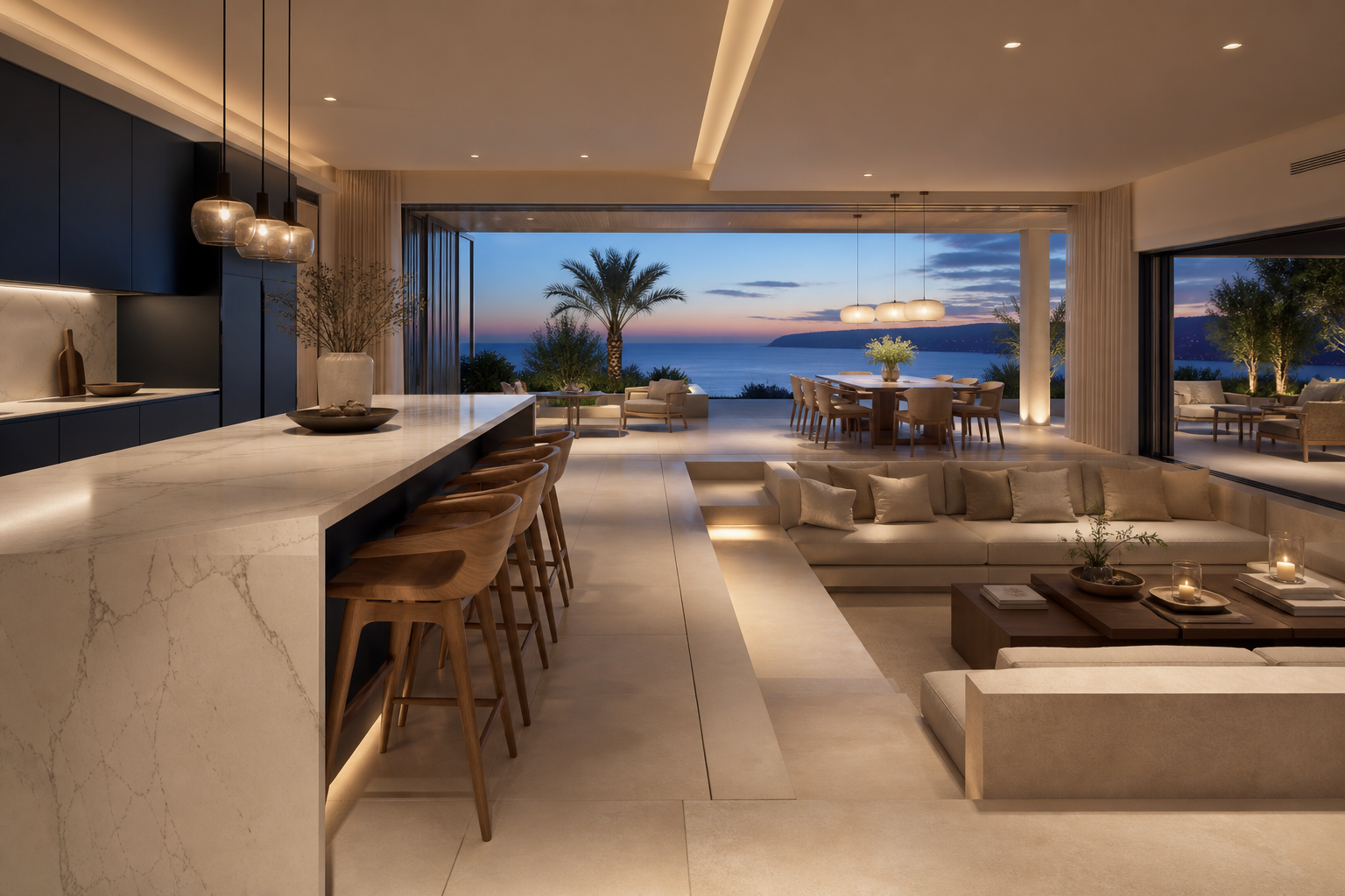 Fadior Algarve 420 sqm Kitchen Villa — kitchen island, sofa, dining table, palm, sea terrace