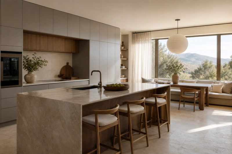 Residential breakfast kitchen with broad integrated cabinetry, pale island, warm oak seating, and soft hills beyond.
