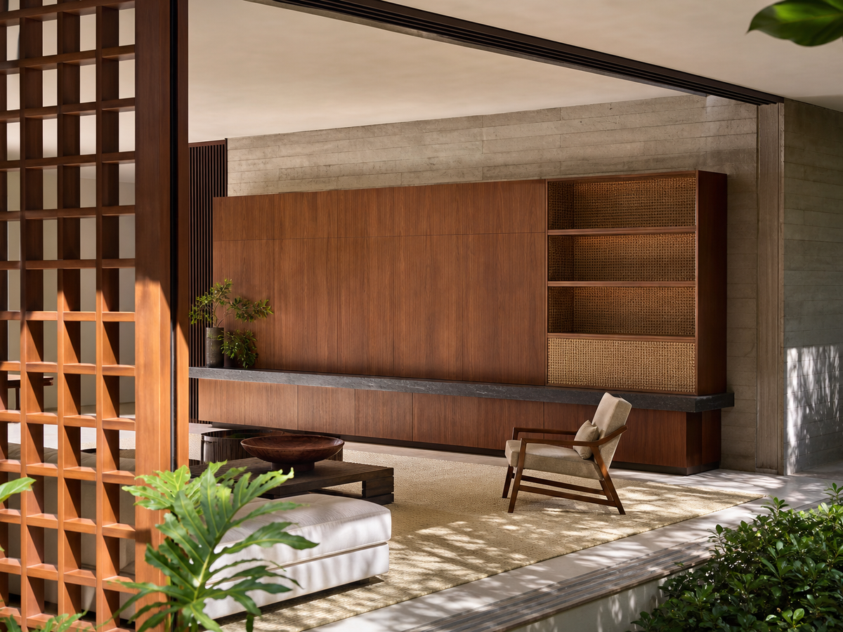 Fadior Zenith Living Room Suite with Slate Ribbon Media Library — 304 stainless steel living room system, front view