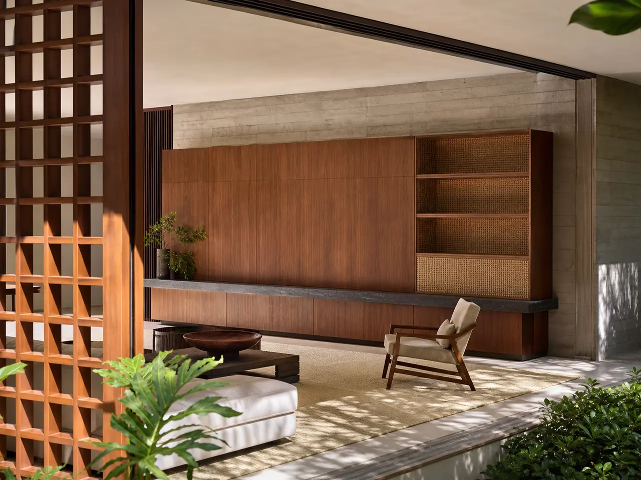 Fadior Zenith Living Room Suite with Slate Ribbon Media Library - stainless steel living room cabinetry with media storage, display shelving, concealed devices, and residential finishes