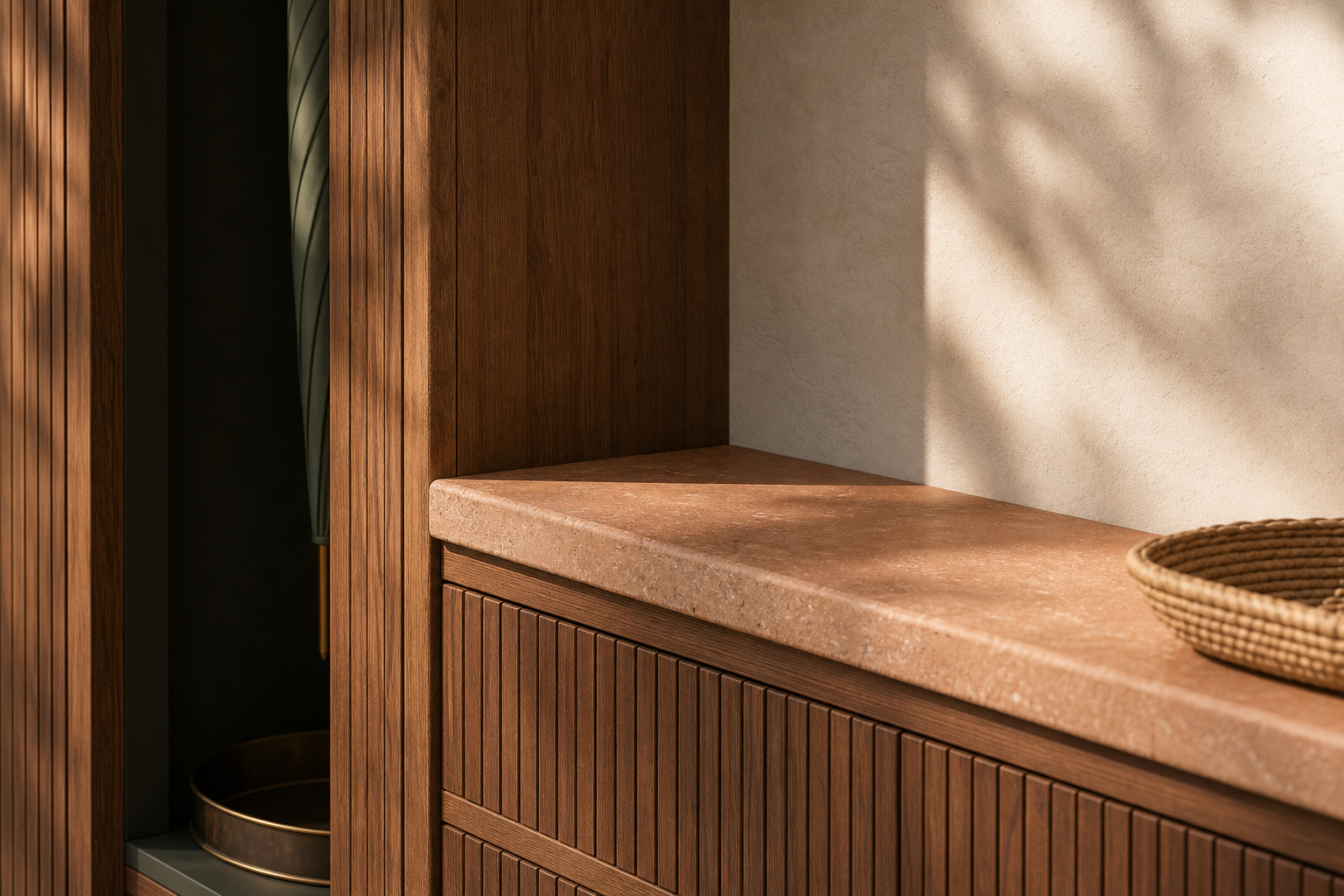 Fadior Loggia Entryway Suite with Umbrella Shadow Niche — close-up of stainless steel finish and hardware detail