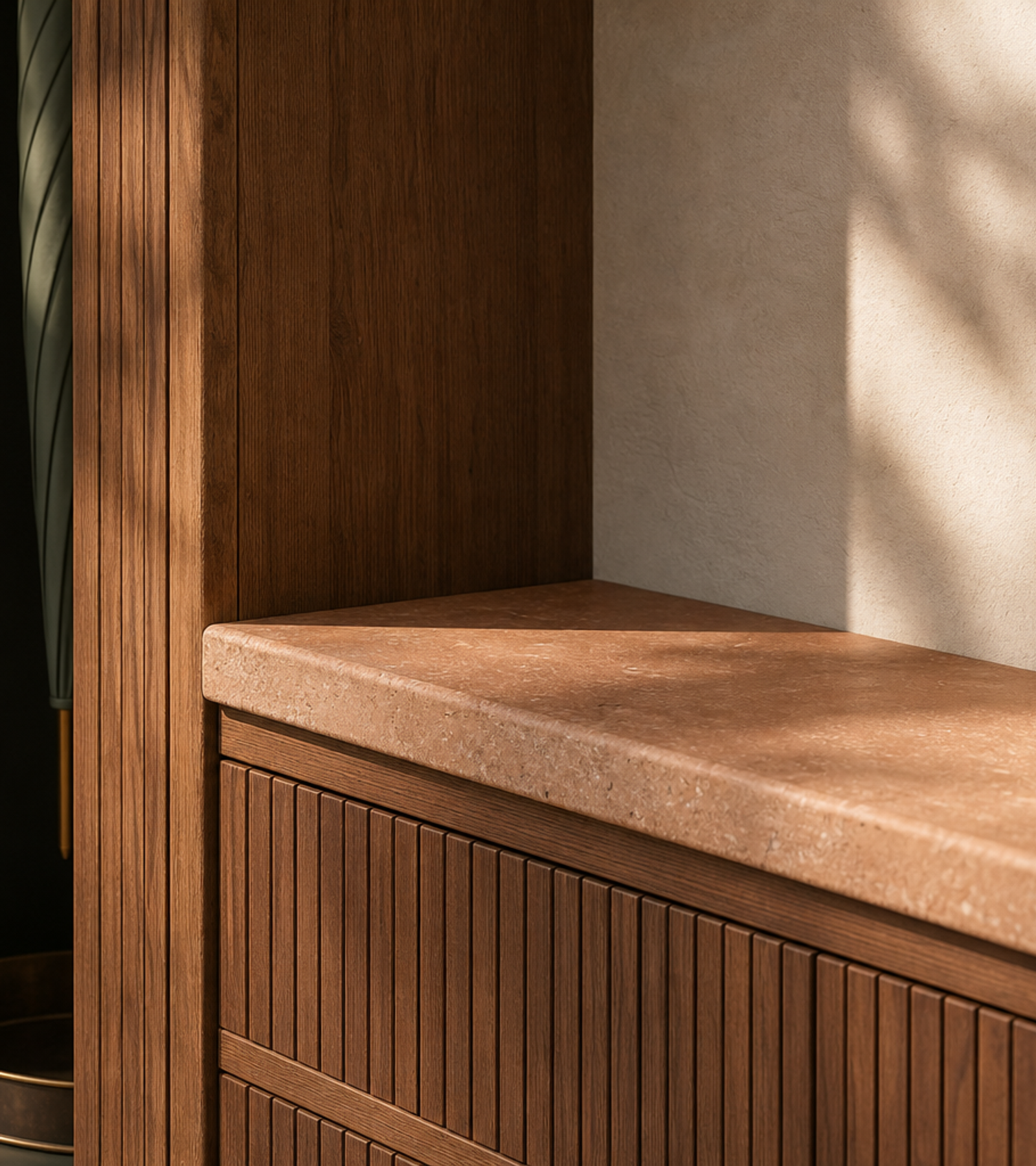 Fadior Loggia Entryway Suite with Umbrella Shadow Niche — close-up of stainless steel finish and hardware detail
