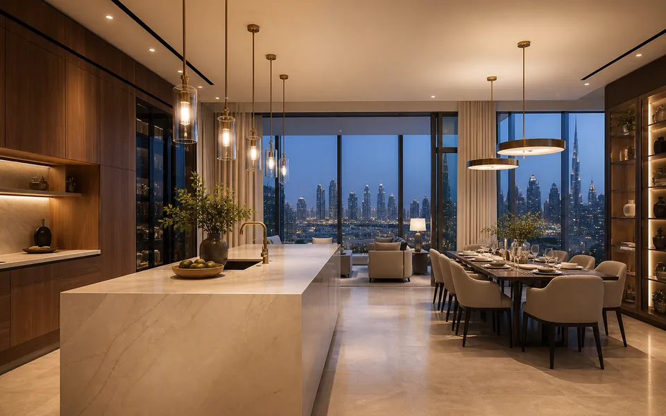 Fadior Dubai 210 sqm Kitchen Penthouse — Dubai Kitchen Penthouse — island, dining table, marble, window, skyline — 304 stainless steel cabinetry installation by Fadior