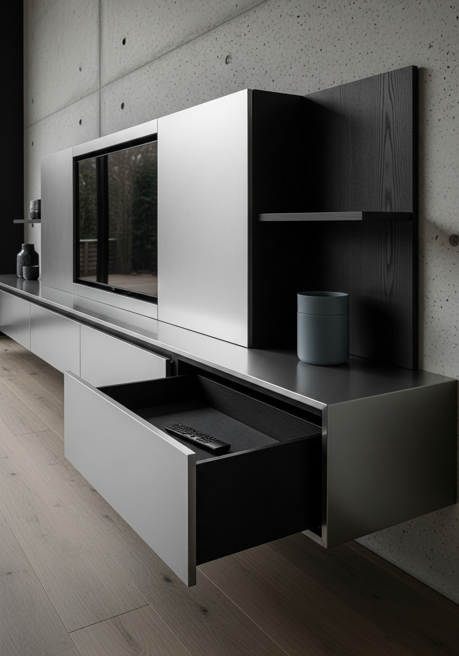 Fadior Essence Media Console — close-up of stainless steel finish and hardware detail