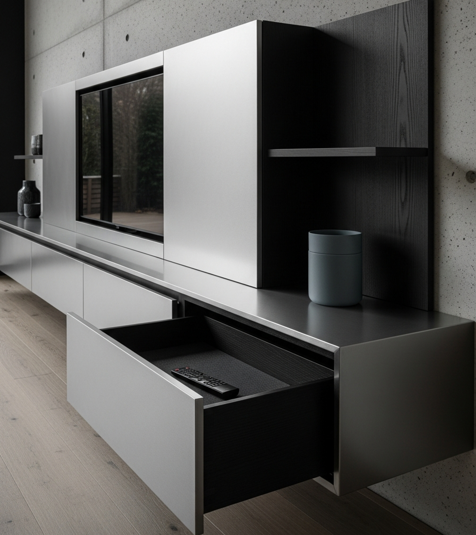 Fadior Essence Media Console — close-up of stainless steel finish and hardware detail