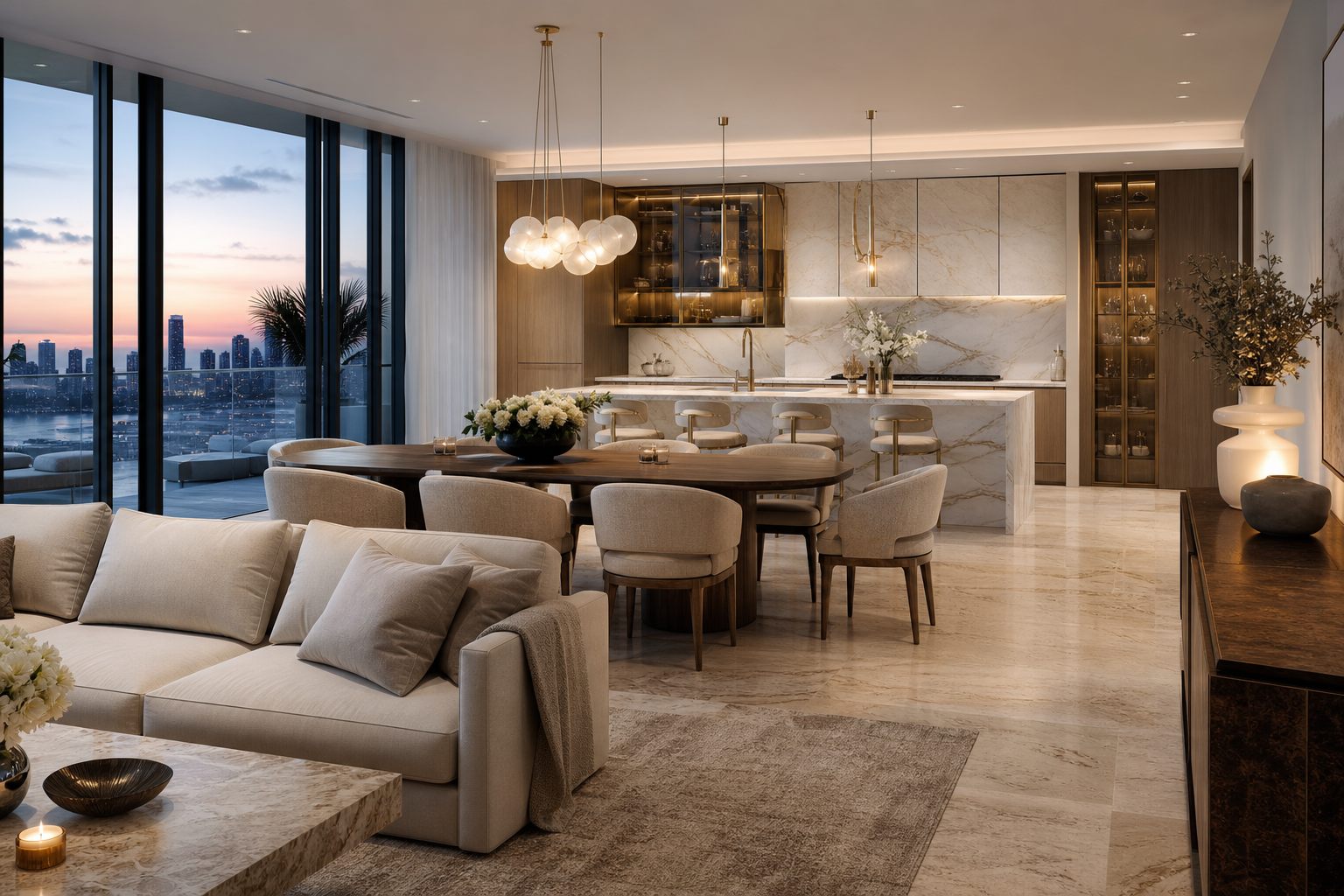 Fadior Miami 120 sqm Kitchen Apartment — Miami living and dining room with kitchen island, sofa, table, cabinet wall, tinted glass, and coastal skyline