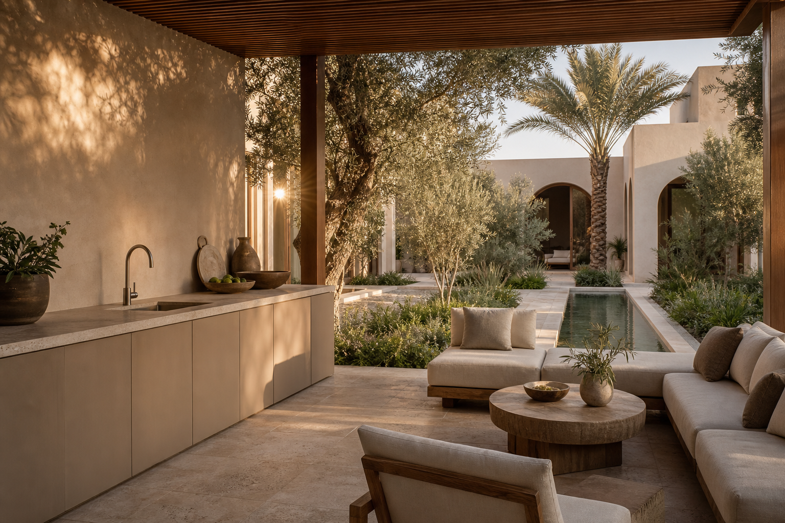 Fadior Dubai Garden Courtyard Villa — outdoor galley, stone counter, lounge sofa, date palm, water channel