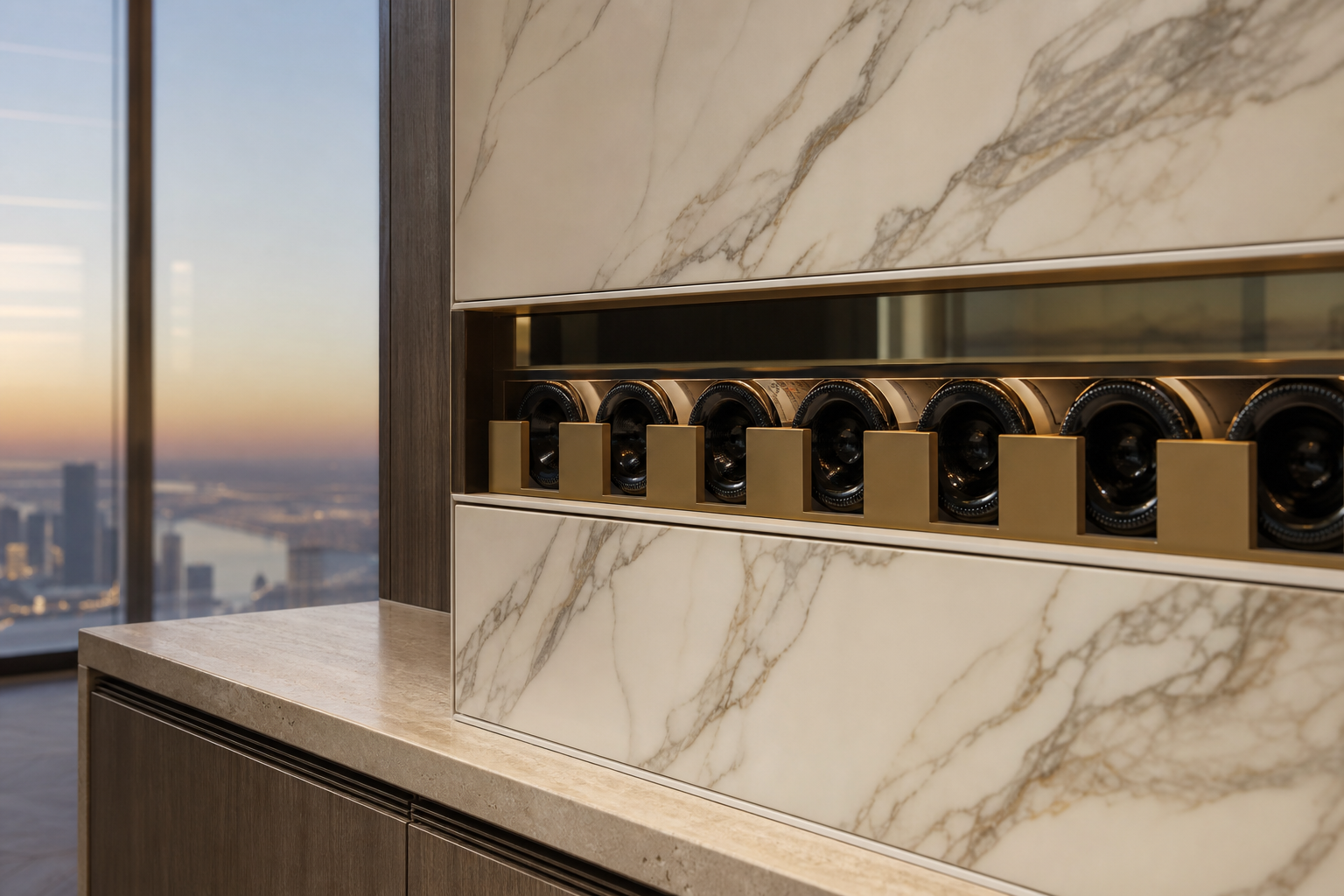 Fadior Gloria Wine Cabinet Suite with Ledger Bottle Aperture — close-up of stainless steel finish and hardware detail