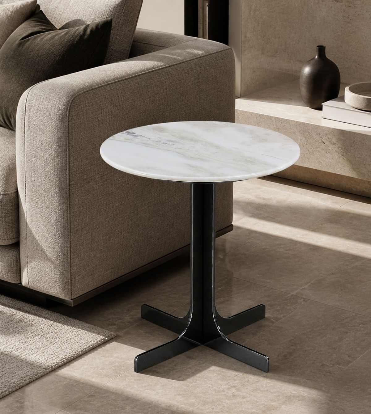 Marble Side Table (Jazz White marble) styled in a FADIOR HOME interior setting
