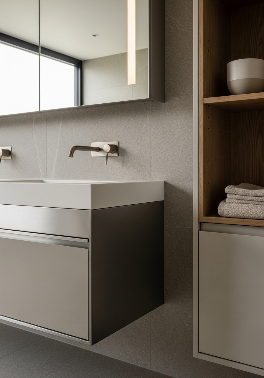 Fadior Acqua Clerestory Vanity — close-up of stainless steel finish and hardware detail