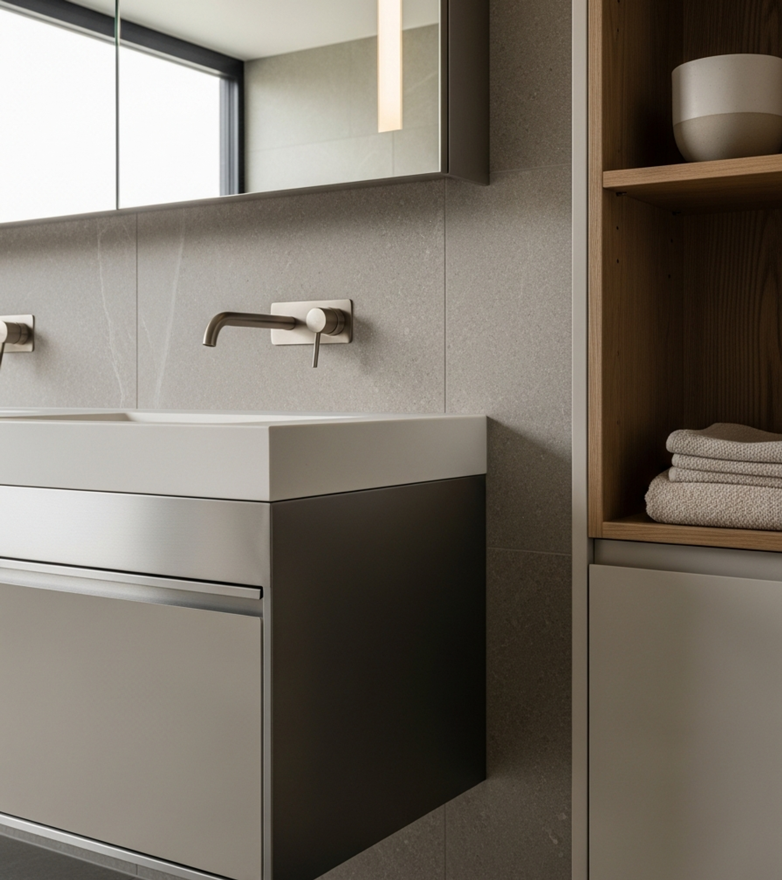 Fadior Acqua Clerestory Vanity — close-up of stainless steel finish and hardware detail