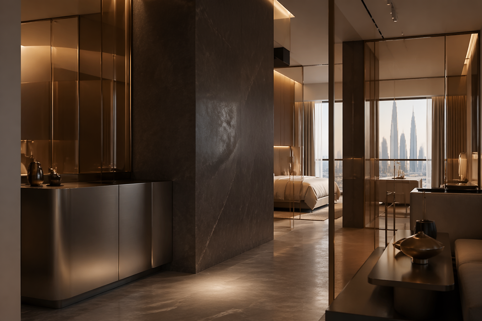 Fadior Dubai Downtown Hotel — material mood with stainless steel tones and architectural light