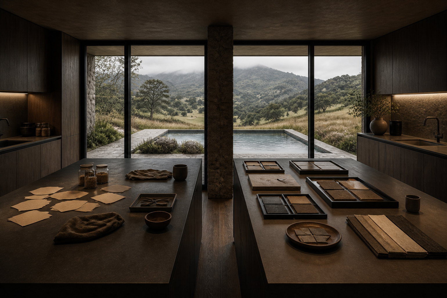 Decision comparison scene: scattered recipe objects beside organized blank trays in a retreat kitchen.