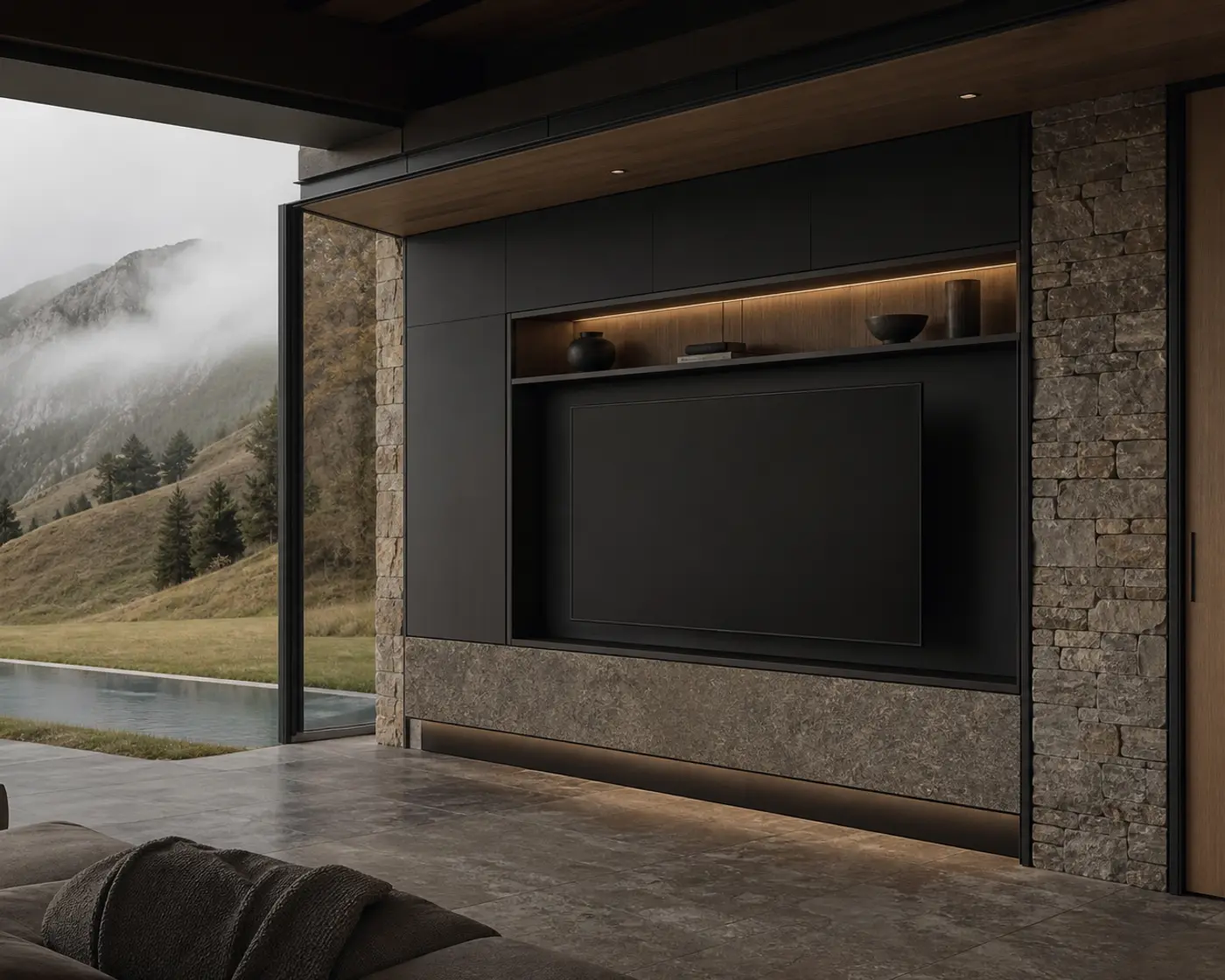 Fadior stainless steel living room media wall with display shelving and concealed storage