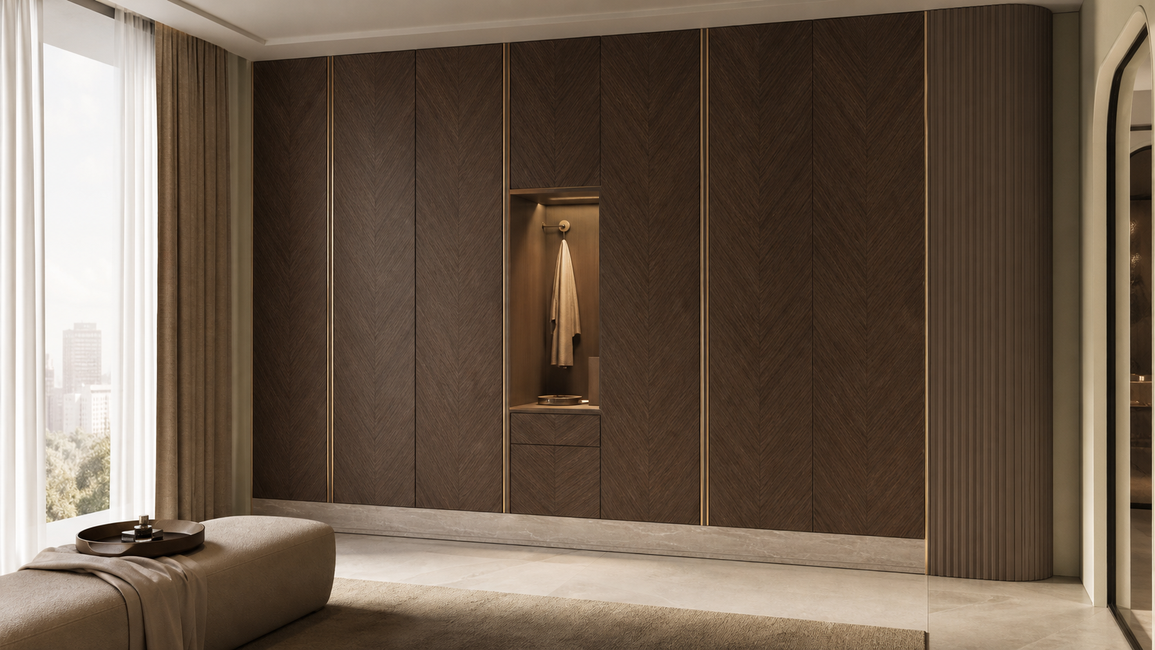 Fadior Resonance Wardrobe Suite with Herringbone Morning Alcove — lifestyle setting with natural light and residential