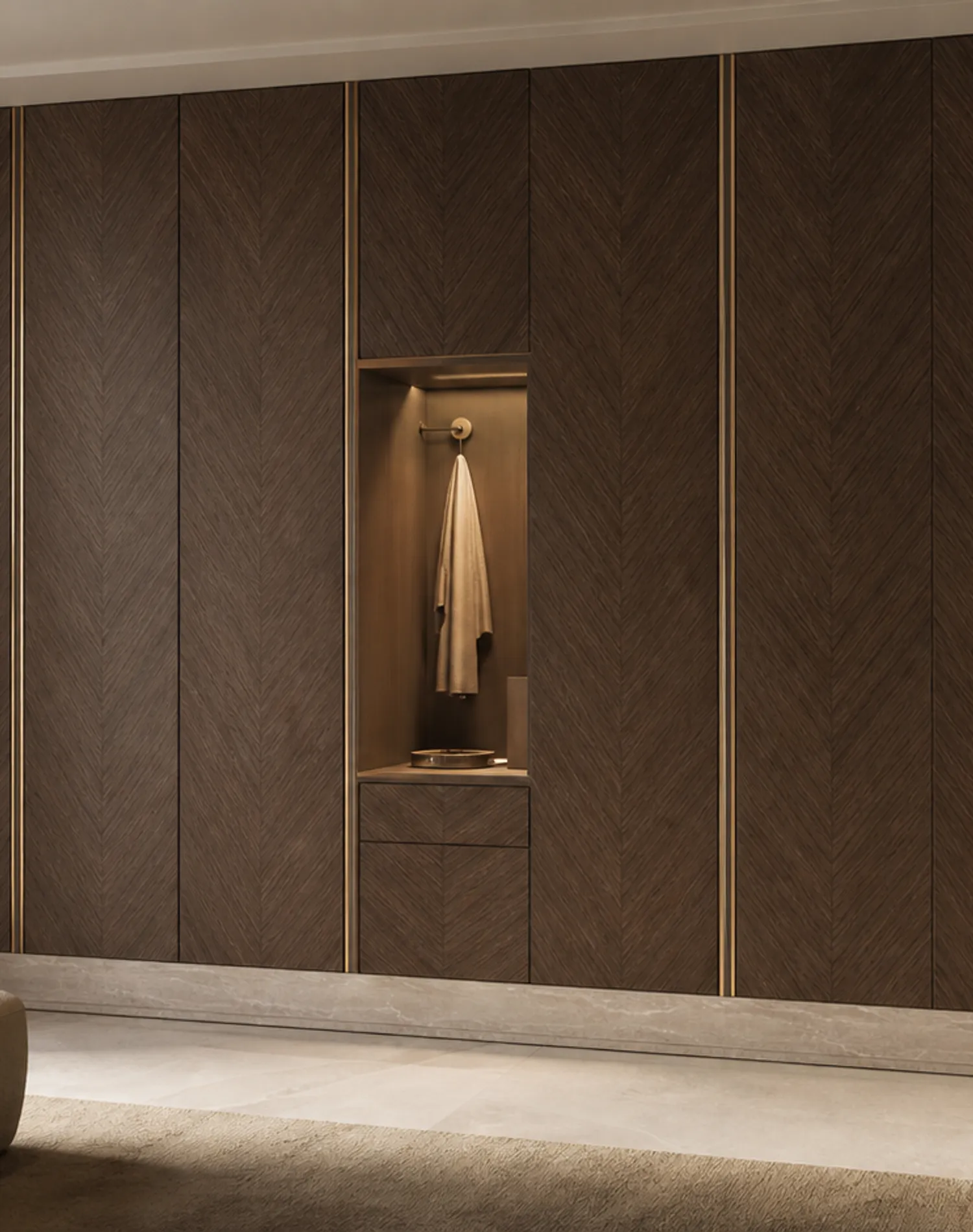 Fadior Resonance Wardrobe Suite with Herringbone Morning Alcove — lifestyle setting with natural light and residential