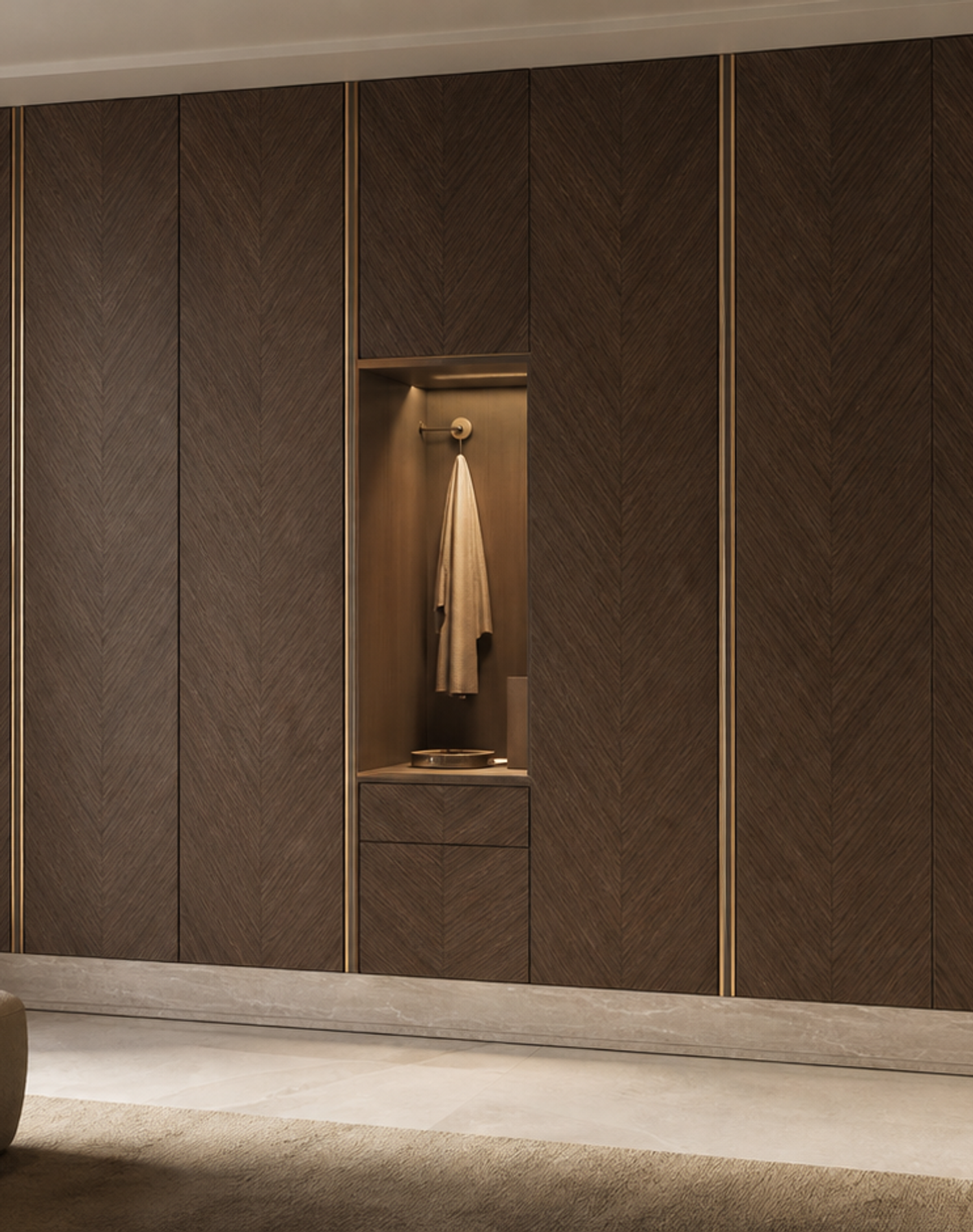 Fadior Resonance Wardrobe Suite with Herringbone Morning Alcove — lifestyle setting with natural light and residential