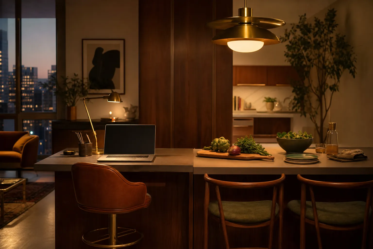 Decision comparison: breakfast bar arranged with separate laptop work zone and cooking preparation zone.