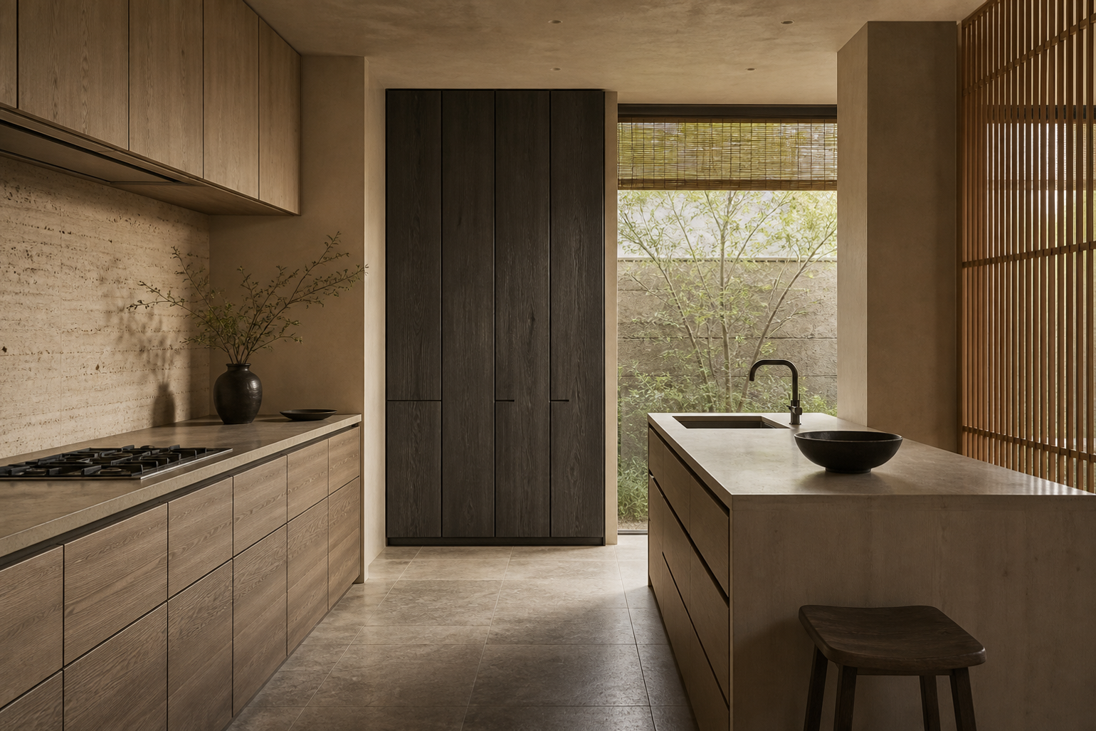 Quiet kitchen planning scene showing island, base run, wall storage, and tall pantry balance.