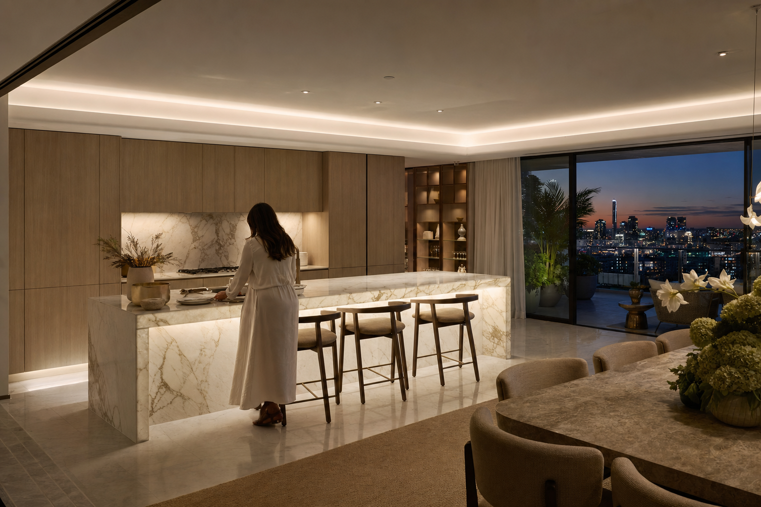 Fadior Perth 280 sqm Kitchen Penthouse — Perth owner, marble island, stools, cabinet wall, balcony plants