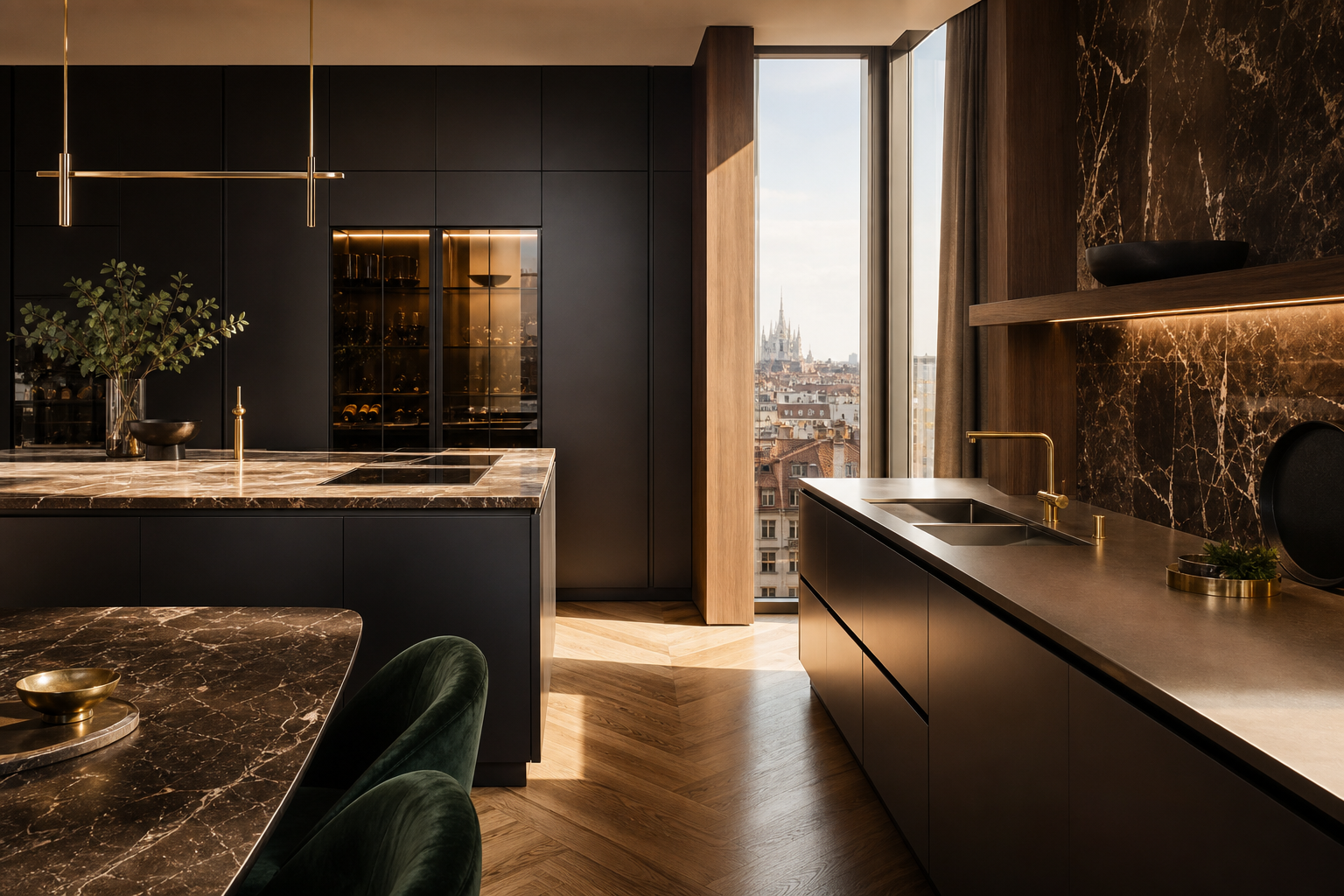 Fadior Milan 200 sqm Kitchen Penthouse — Milan kitchen workspace with island counter, sink, cabinet wall, marble backsplash, brass pendant, and city window