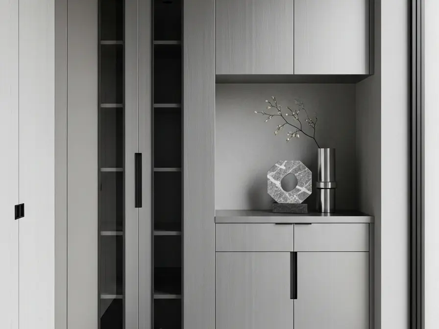 Fadior Archetype Entryway Suite - stainless steel entryway storage with shoe cabinet, bench seating, coat storage, console zone, and warm finishes