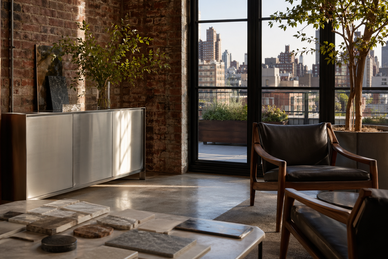 Fadior New York Flagship Showroom — stainless console, brick wall, skyline window, oak chair