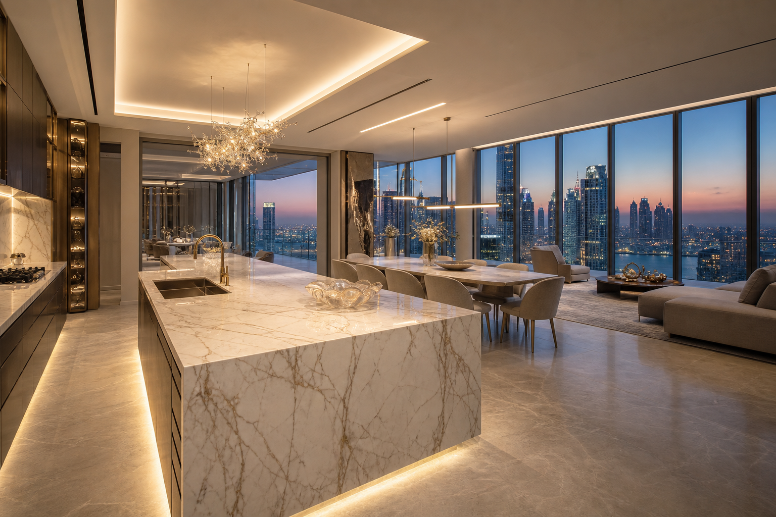 Fadior Dubai 280 sqm Kitchen Penthouse — Zaha — marble island, dining table, lounge sofa, travertine floor, skyline glazing