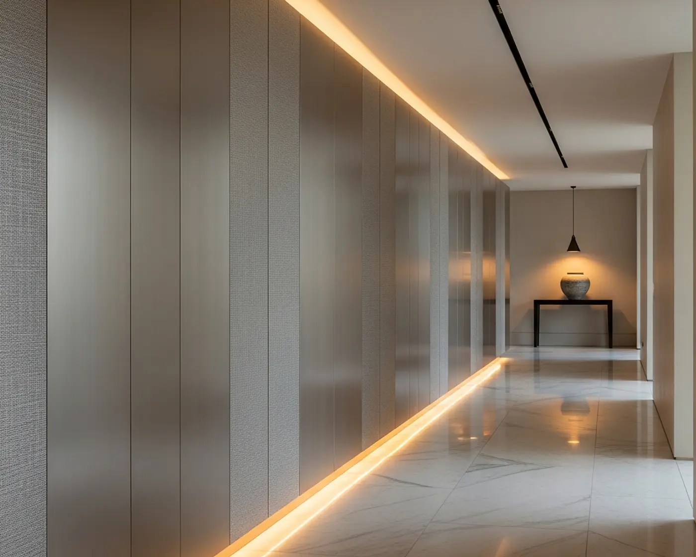 304 stainless steel wall panels with shadow reveals, integrated lighting, and concealed corridor doors