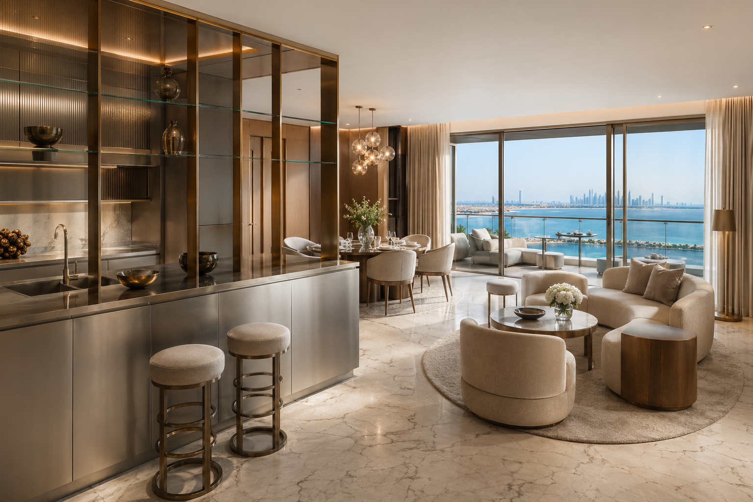 Fadior Dubai Boutique Suite Hotel — service bar, dining table, marble floor, ocean terrace