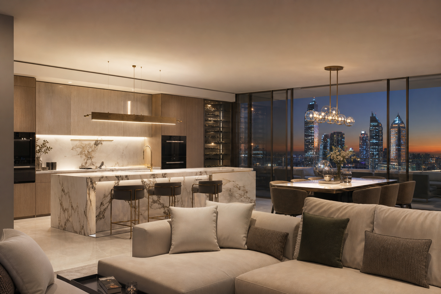 Fadior Perth 280 sqm Kitchen Penthouse — Perth sofa, kitchen island, dining table, cabinet wall, skyline glass