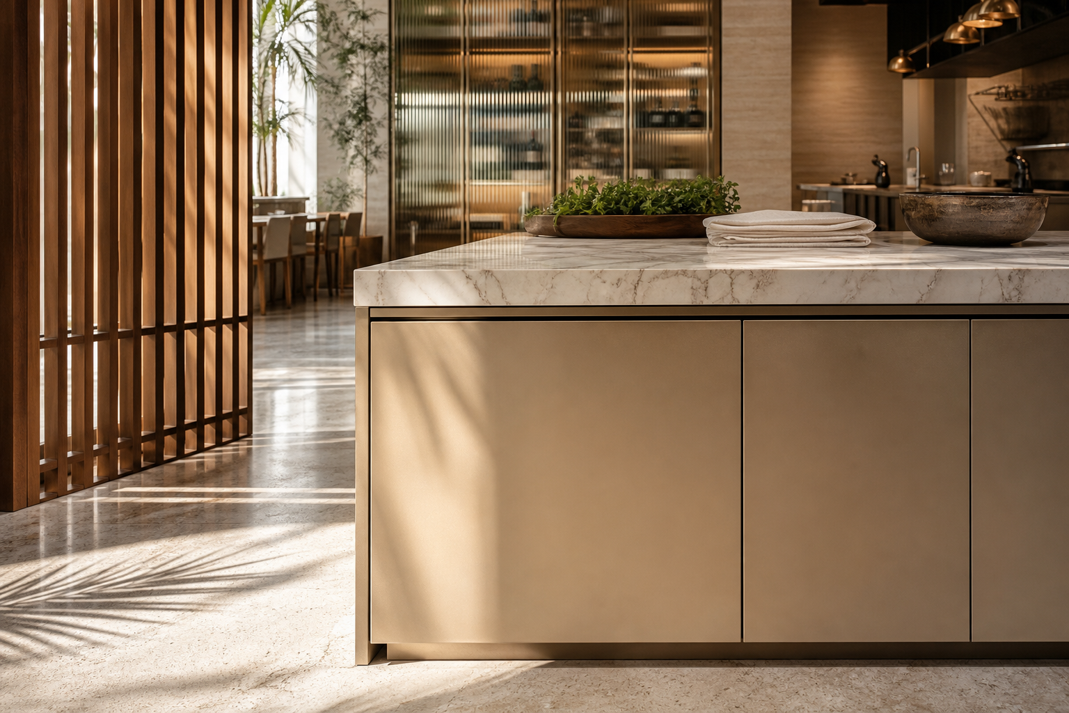 Fadior Dubai Chef Table Commercial Kitchen — cabinet front, marble counter, timber screen, herb tray