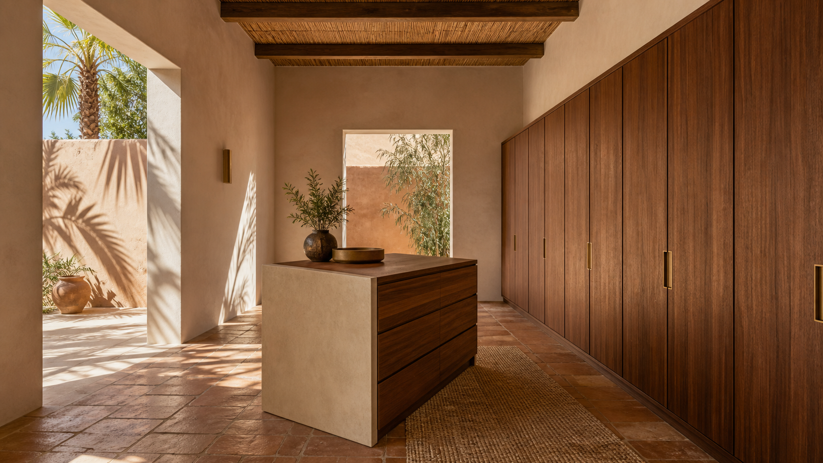 Fadior Voyage Wardrobe Suite with Ipe Valet Island Alcove — lifestyle setting with natural light and residential styling