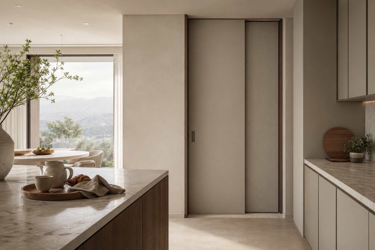 Fadior Alabaster Interior Door Suite with Pearl Reeded Pocket Door — lifestyle setting with natural light and residential
