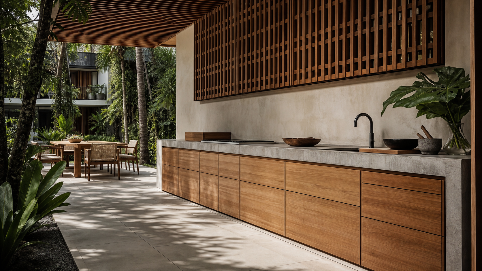 Fadior Horizon Outdoor Kitchen Suite with Shade-Screen Prep Promenade — lifestyle setting with natural light and residential