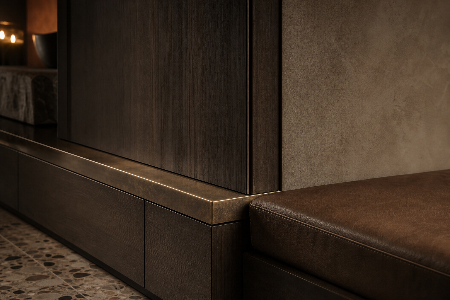 Fadior Patina Living Room Suite with Bronze Datum Media Alcove — close-up of stainless steel finish and hardware detail