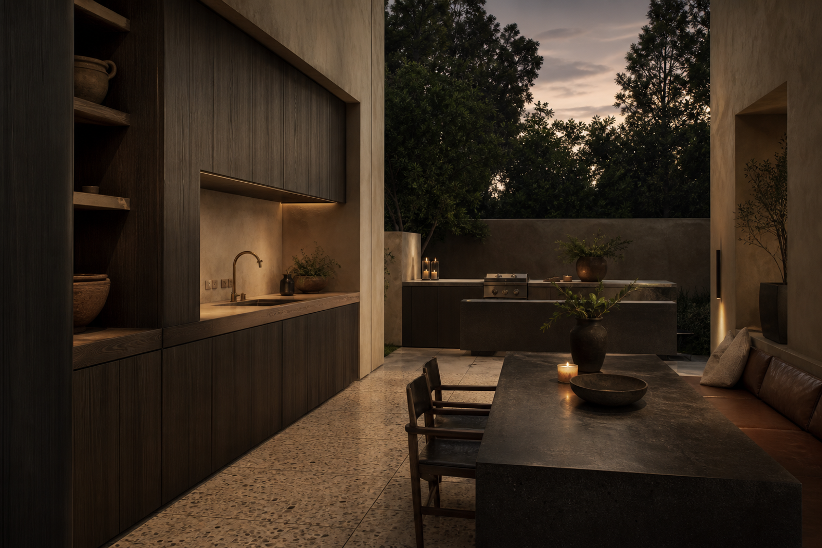 Covered outdoor modular kitchen terrace with dark wood storage wall, dining table, and twilight garden.