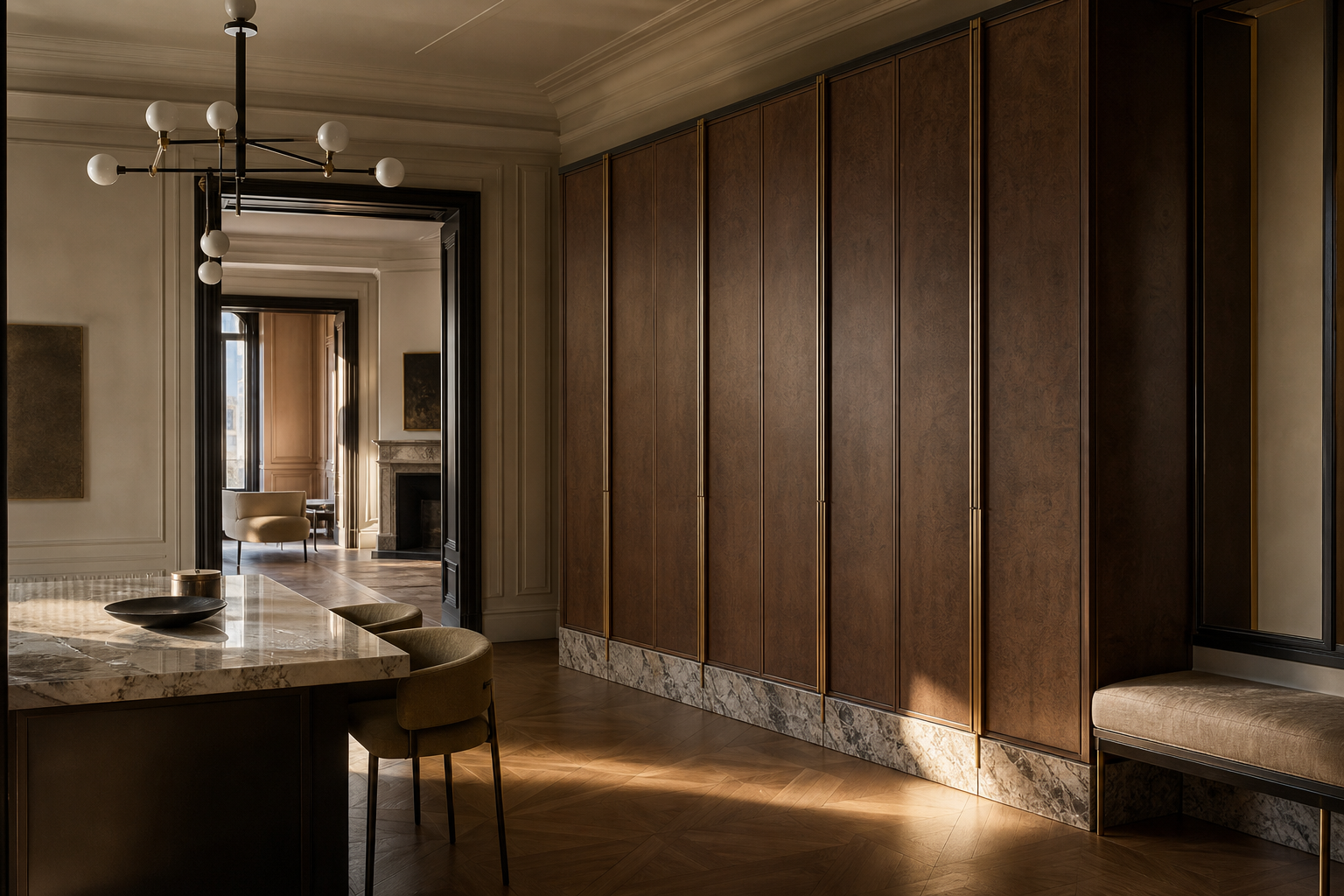 Fadior Resonance Wardrobe Suite with Scaled Finish Assurance Wall — interior room context showing cabinet integration