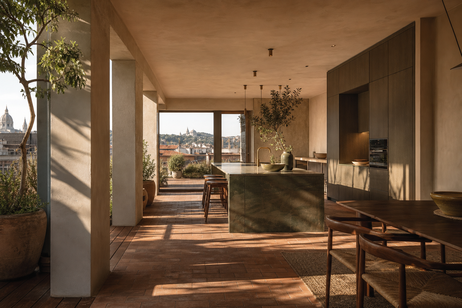 Fadior Budapest 125 sqm Kitchen Penthouse — Rooftop — Budapest rooftop kitchen with terracotta floor, stainless island, — 304 stainless stee