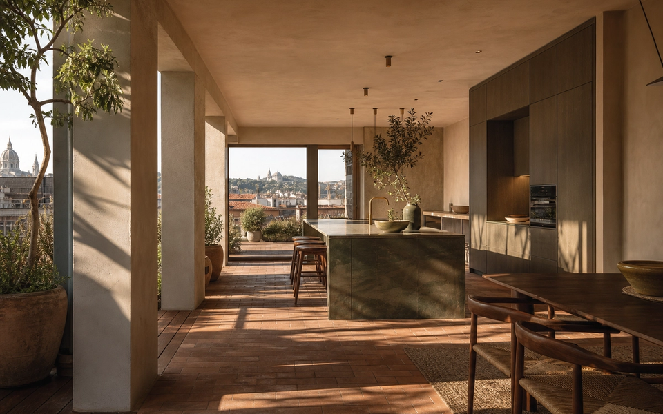 Fadior Budapest 125 sqm Kitchen Penthouse — Rooftop — Budapest rooftop kitchen with terracotta floor, stainless island, — 304 stainless steel cabinetry installation by Fadior