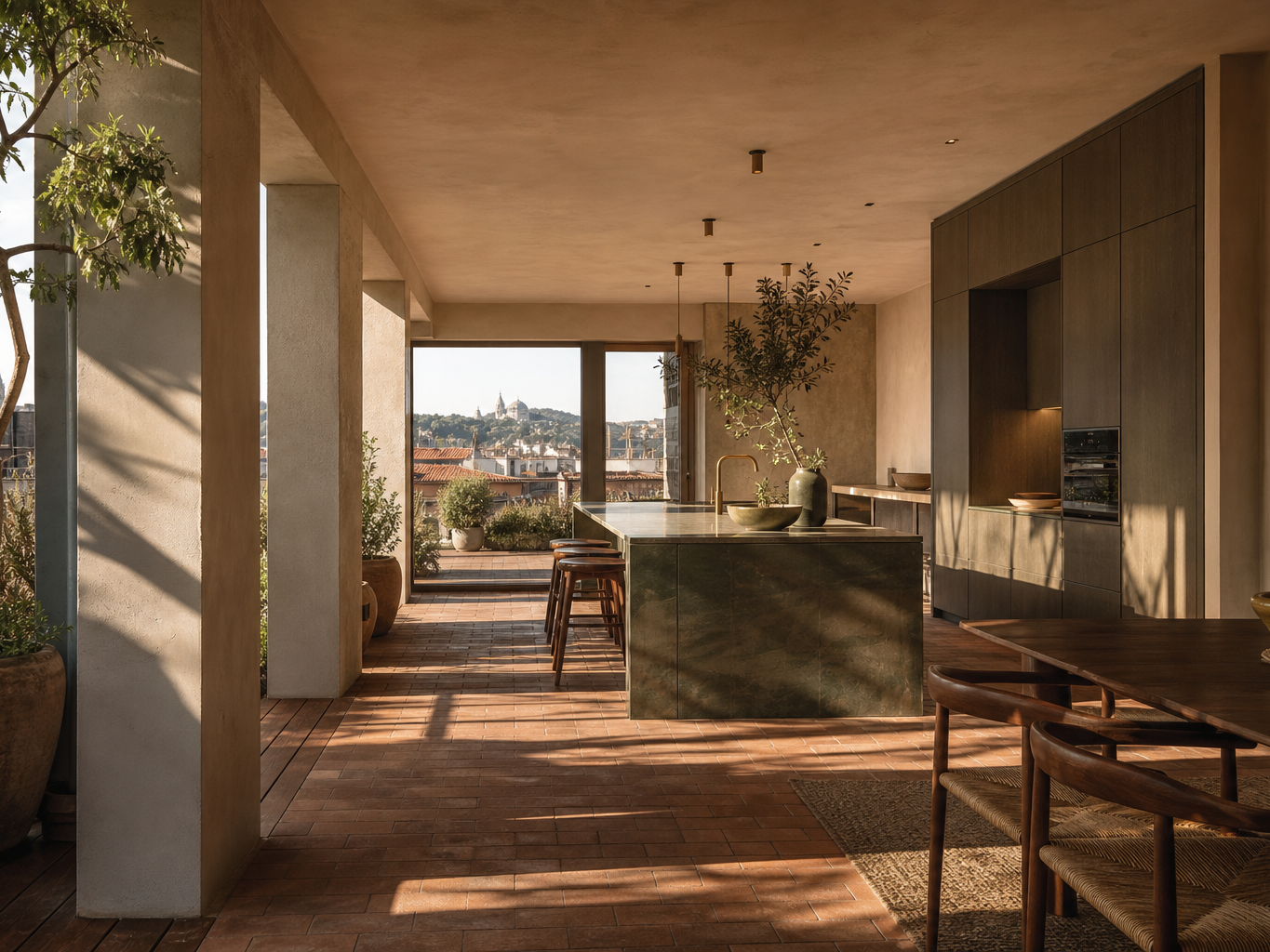 Fadior Budapest 125 sqm Kitchen Penthouse — Rooftop — Budapest rooftop kitchen with terracotta floor, stainless island,