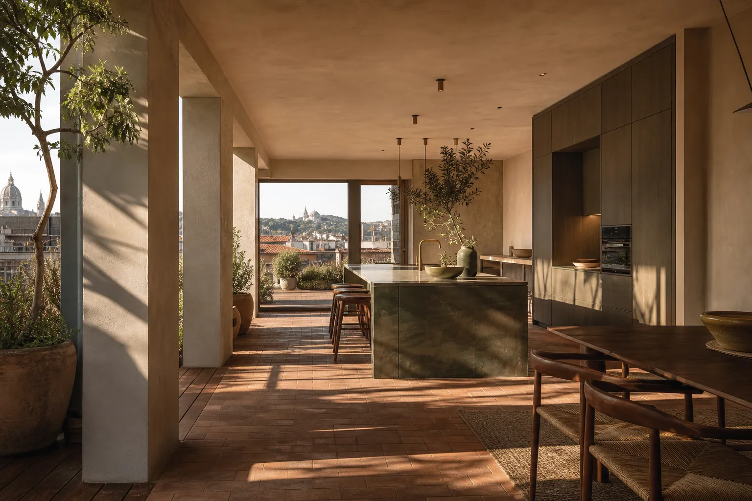 Fadior Budapest 125 sqm Kitchen Penthouse — Rooftop — Budapest rooftop kitchen with terracotta floor, stainless island, — 304 stainless stee