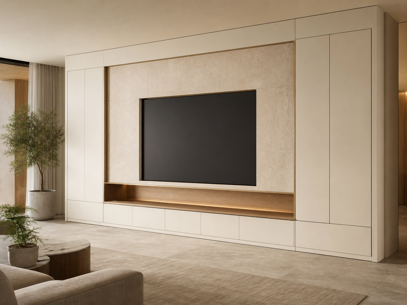 Fadior Silvan Living Room Suite with Lowline Media Hearth — interior room context showing cabinet integration