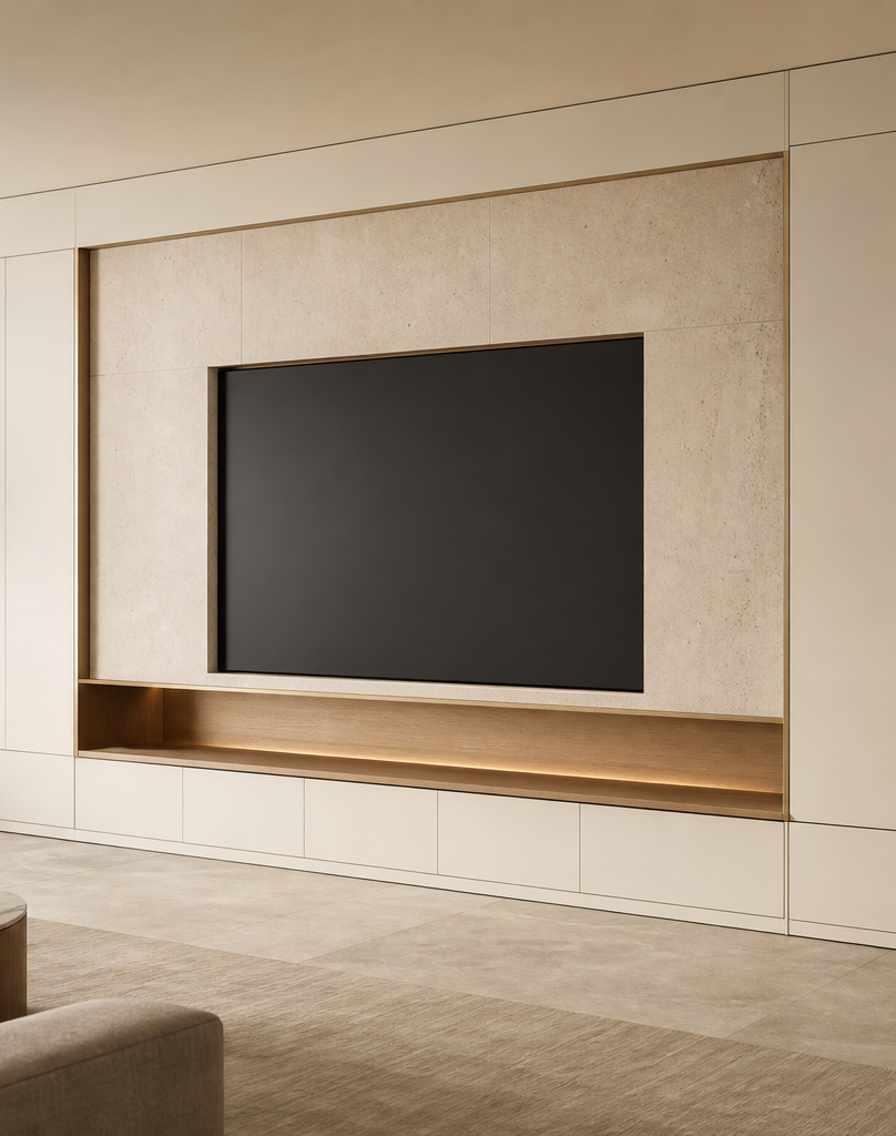 Fadior Silvan Living Room Suite with Lowline Media Hearth — interior room context showing cabinet integration
