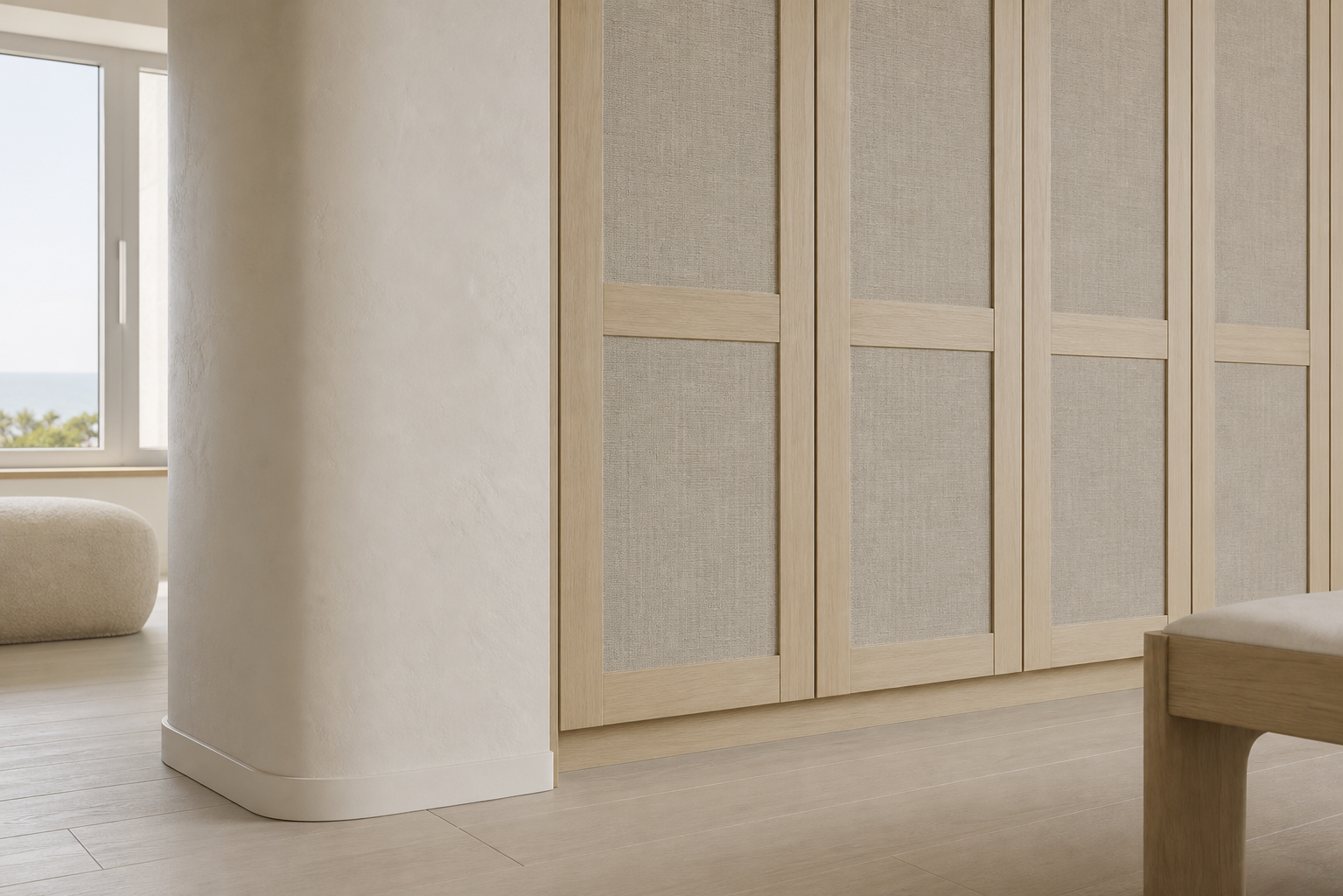 Fadior Eclipse Wardrobe Suite with Chalk Plaster Dressing Portico — close-up of stainless steel finish and hardware detail