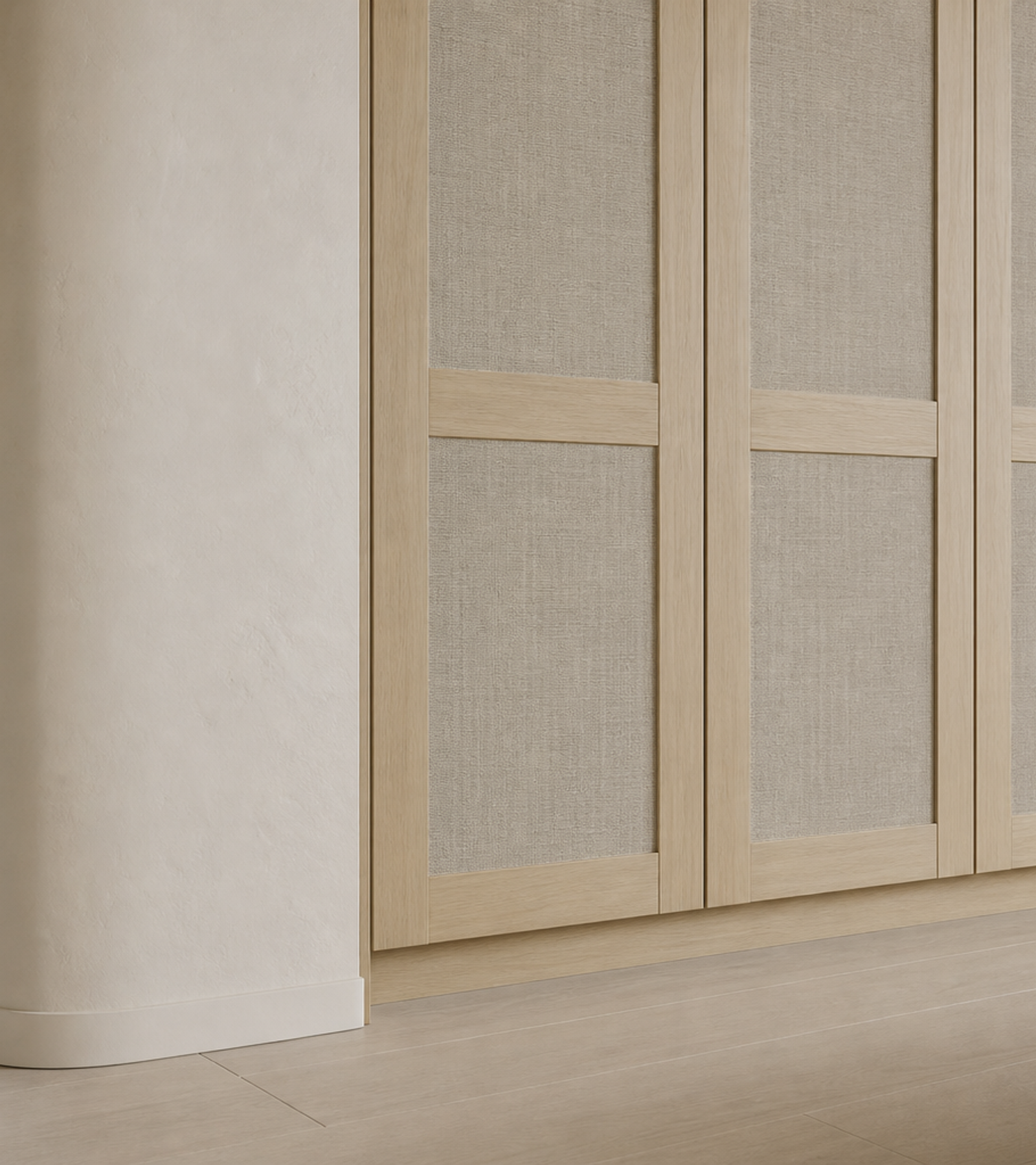 Fadior Eclipse Wardrobe Suite with Chalk Plaster Dressing Portico — close-up of stainless steel finish and hardware detail