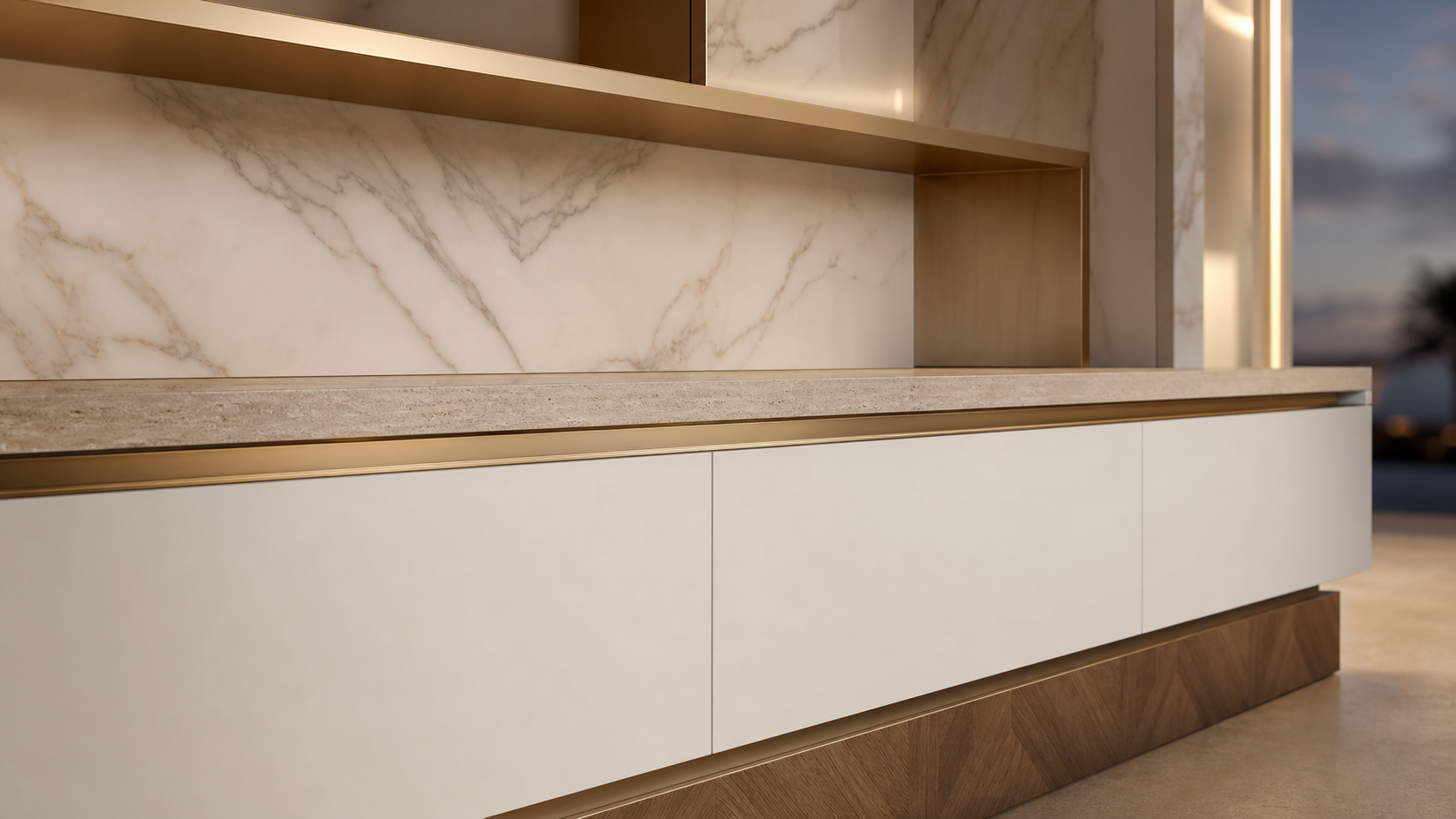 Fadior Veneto Living Room Suite with Shadowline Gallery Console — close-up of stainless steel finish and hardware detail